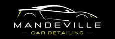 A logo for mandeville car detailing with a yellow car on it.
